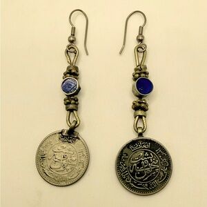Vintage Afghan Coin Silvertone Lapis Pendant Dangling Earrings 2.5 in